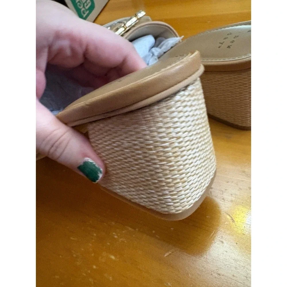 A New Day Kathleen Slide Sandals Tan Woven Rhinestone Buckle Block Heel 10